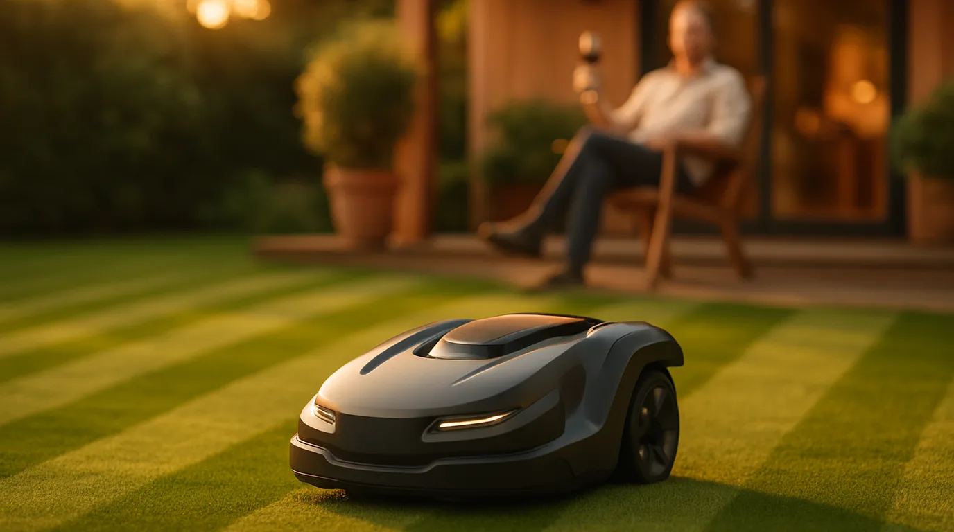 Bosch Indego Mähroboter auf einem gepflegten Rasen im Abendlicht