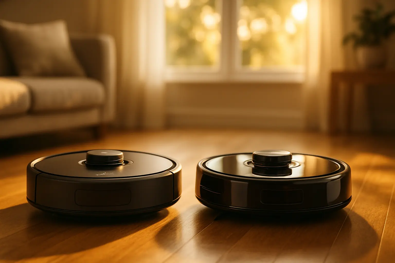 Zwei Premium-Saugroboter von Dreame und iRobot nebeneinander im Markenvergleich auf Parkettboden