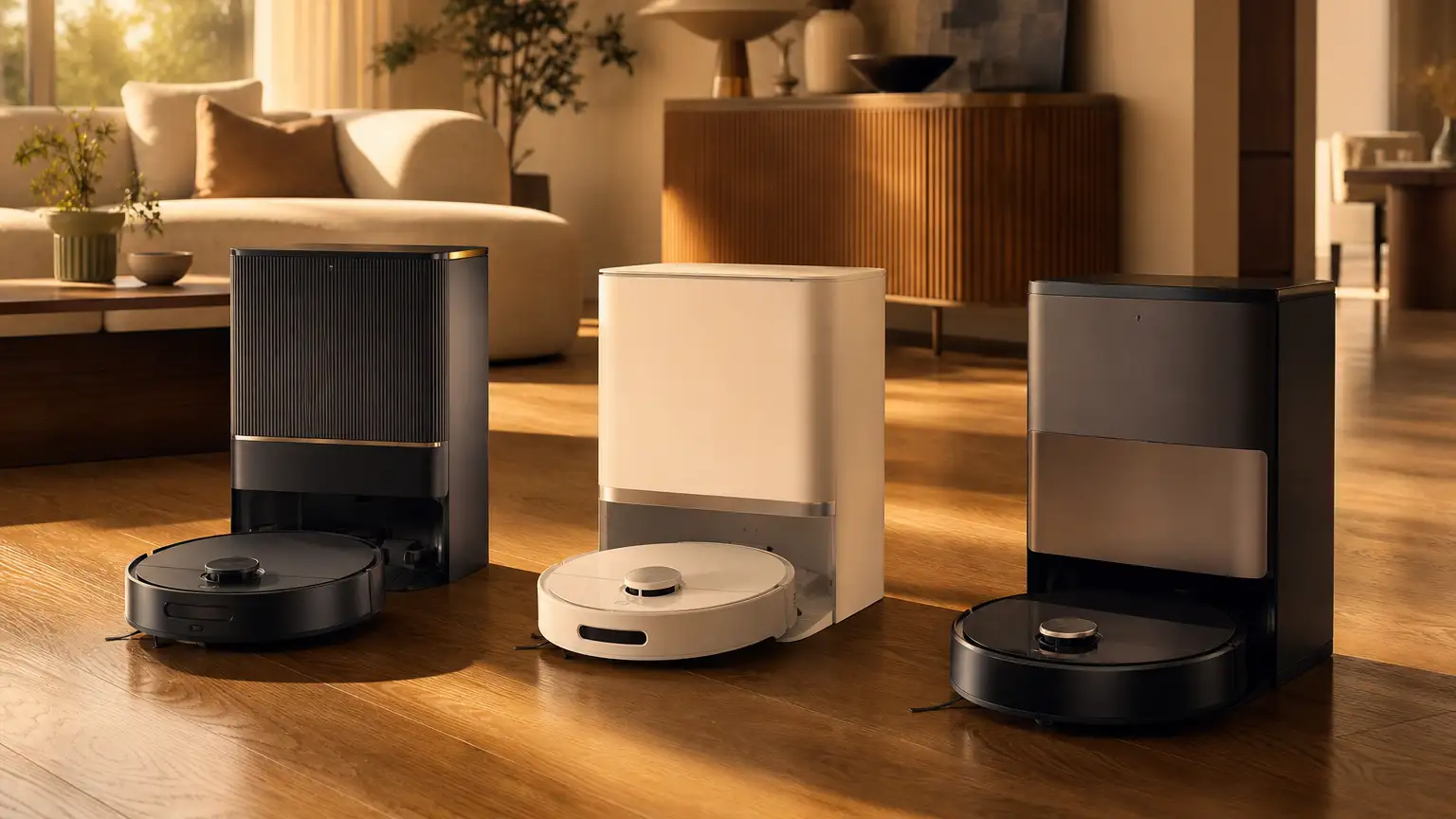 Drei Dreame Premium-Saugroboter nebeneinander mit ihren All-in-One Basisstationen auf Parkett