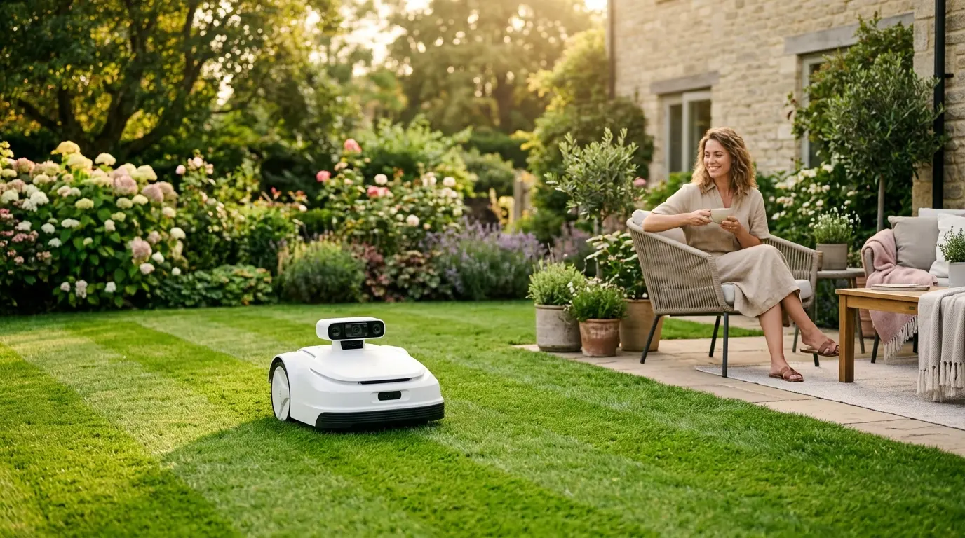 ECOVACS GOAT Mähroboter navigiert autonom über einen gepflegten Rasen mit sauberem Beetrand