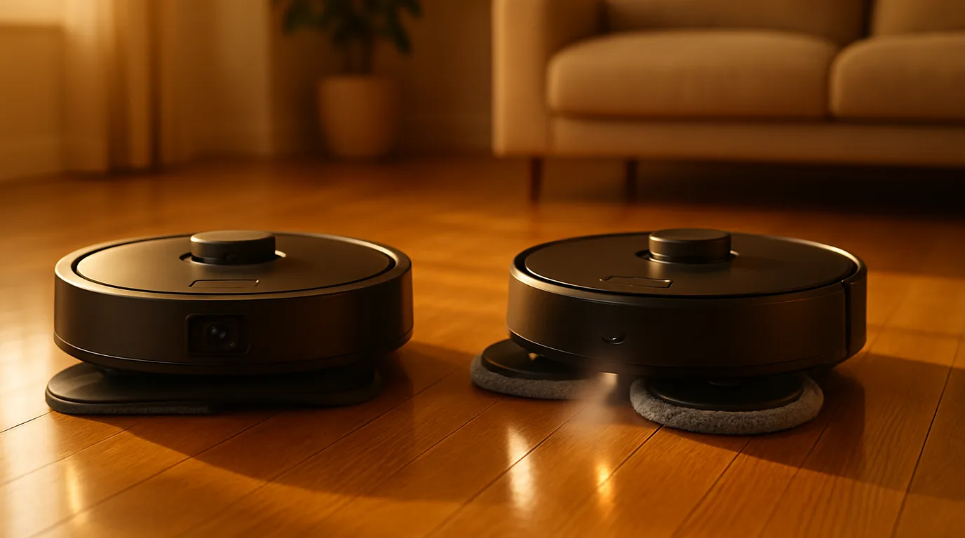 Ecovacs Deebot und iRobot Roomba Saugroboter nebeneinander im Markenvergleich auf Parkettboden