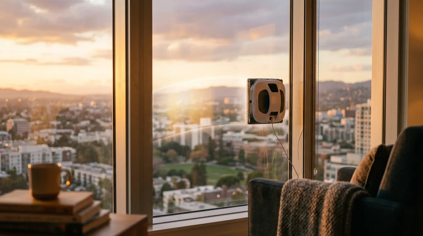 Fensterputzroboter haftet per Vakuum an einer Fensterscheibe und reinigt sie automatisch