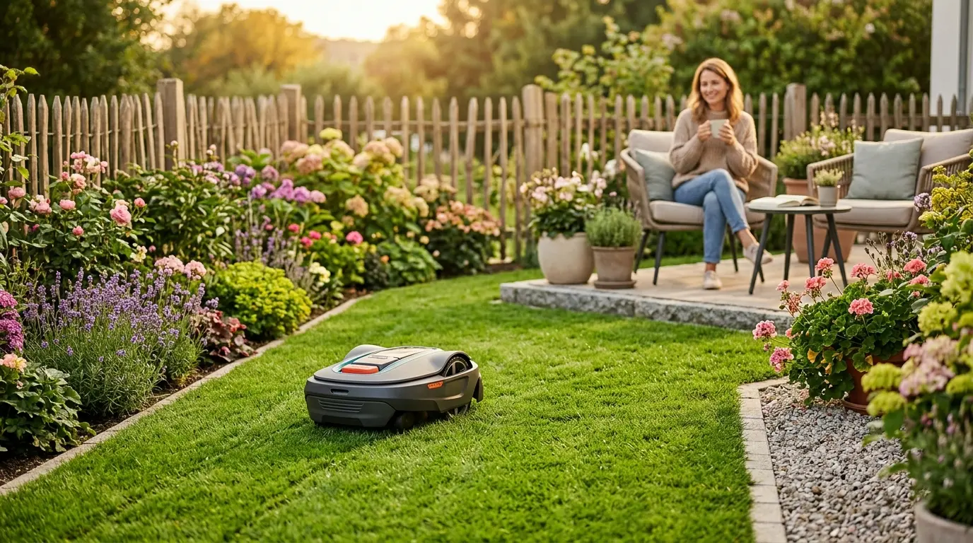 Gardena SILENO Mähroboter auf einem sattgrünen gepflegten Rasen im Sonnenlicht