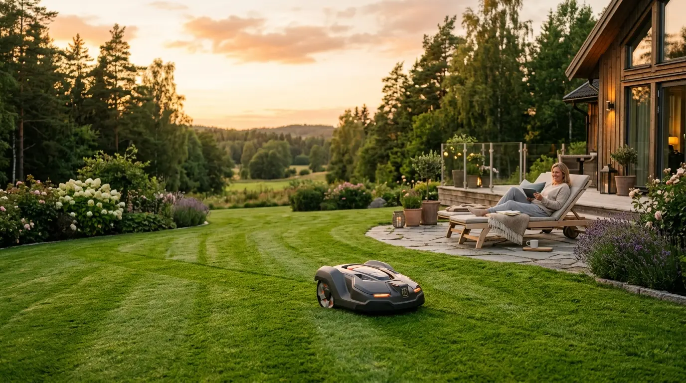 Husqvarna Automower Mähroboter auf einem gepflegten Rasen mit Hecke im Hintergrund