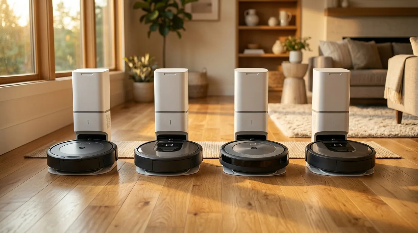 Vier iRobot Roomba Saugroboter der j- und i-Serie nebeneinander auf einem Parkettboden