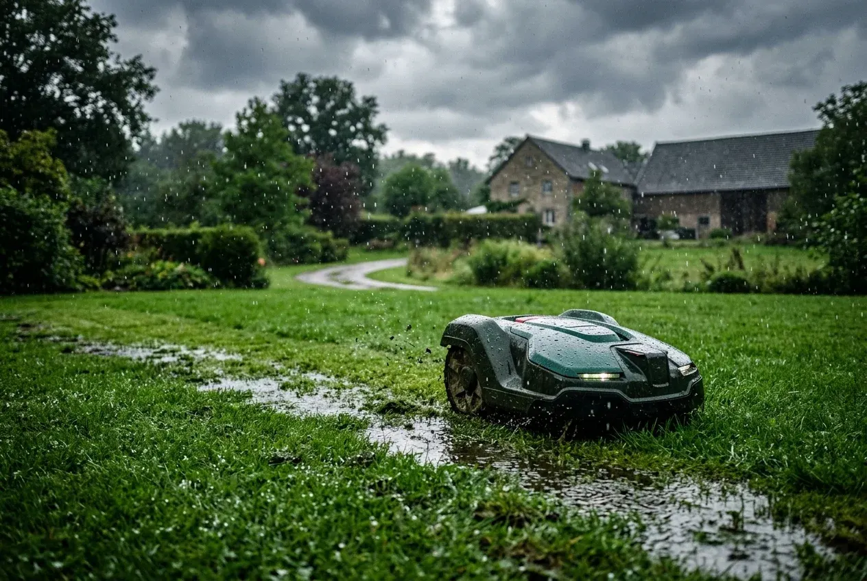Mähroboter mäht zuverlässig weiter während leichter Regen auf den grünen Rasen fällt