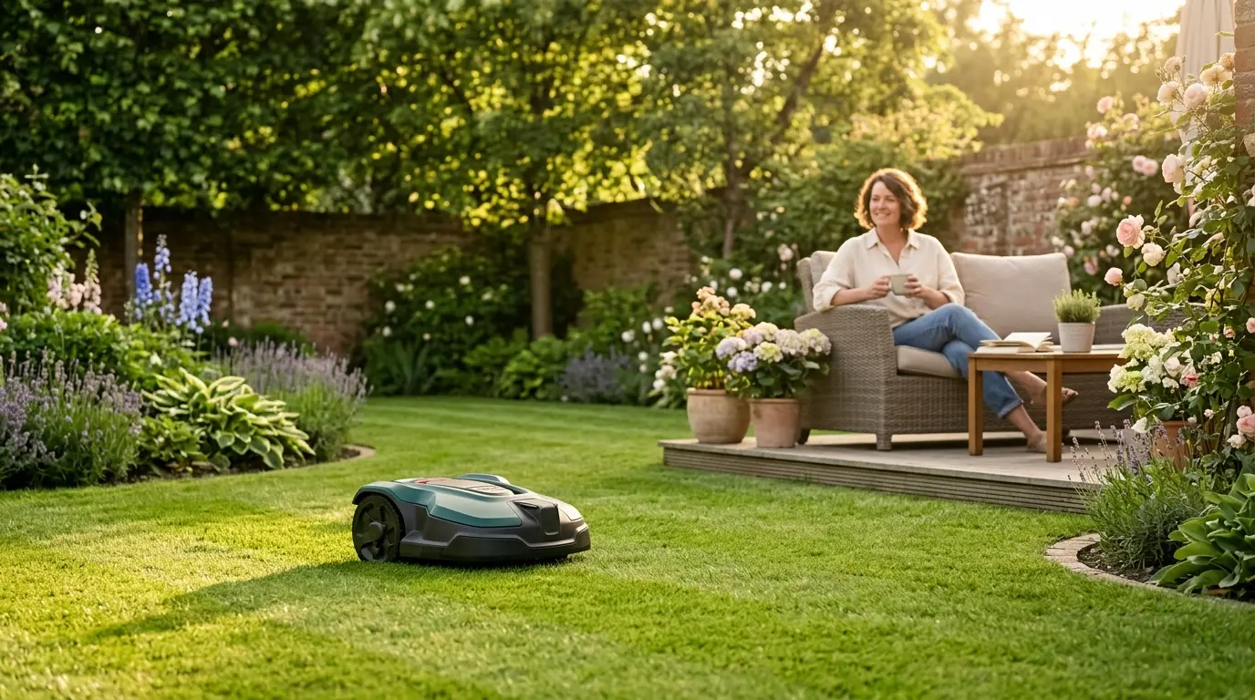 Mähroboter auf einem gepflegten grünen Hausgarten bei Sommerlichtstimmung, Terrasse im Hintergrund