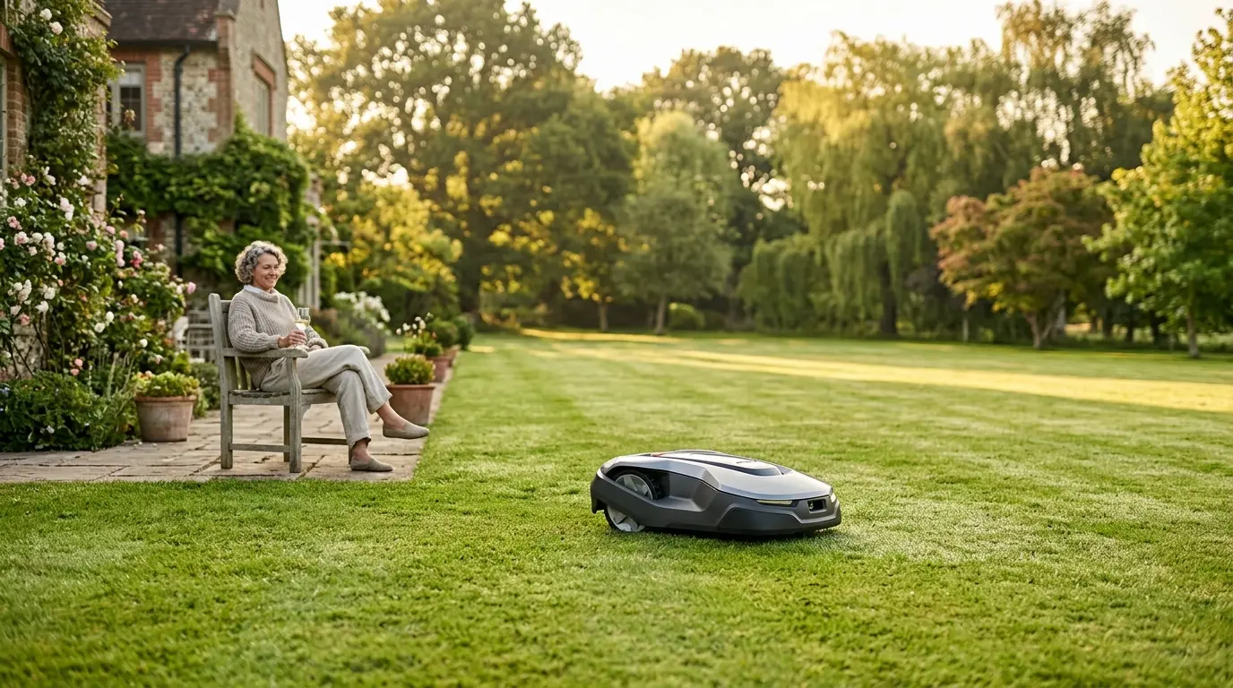 Mähroboter arbeitet selbständig auf einem großen gepflegten Rasengarten mit Terrasse und entspanntem Hausbesitzer
