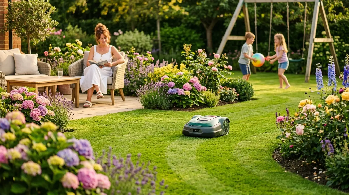 Kompakter Mähroboter auf einem kleinen Hausgarten mit gepflegtem Rasen und blühenden Beeten