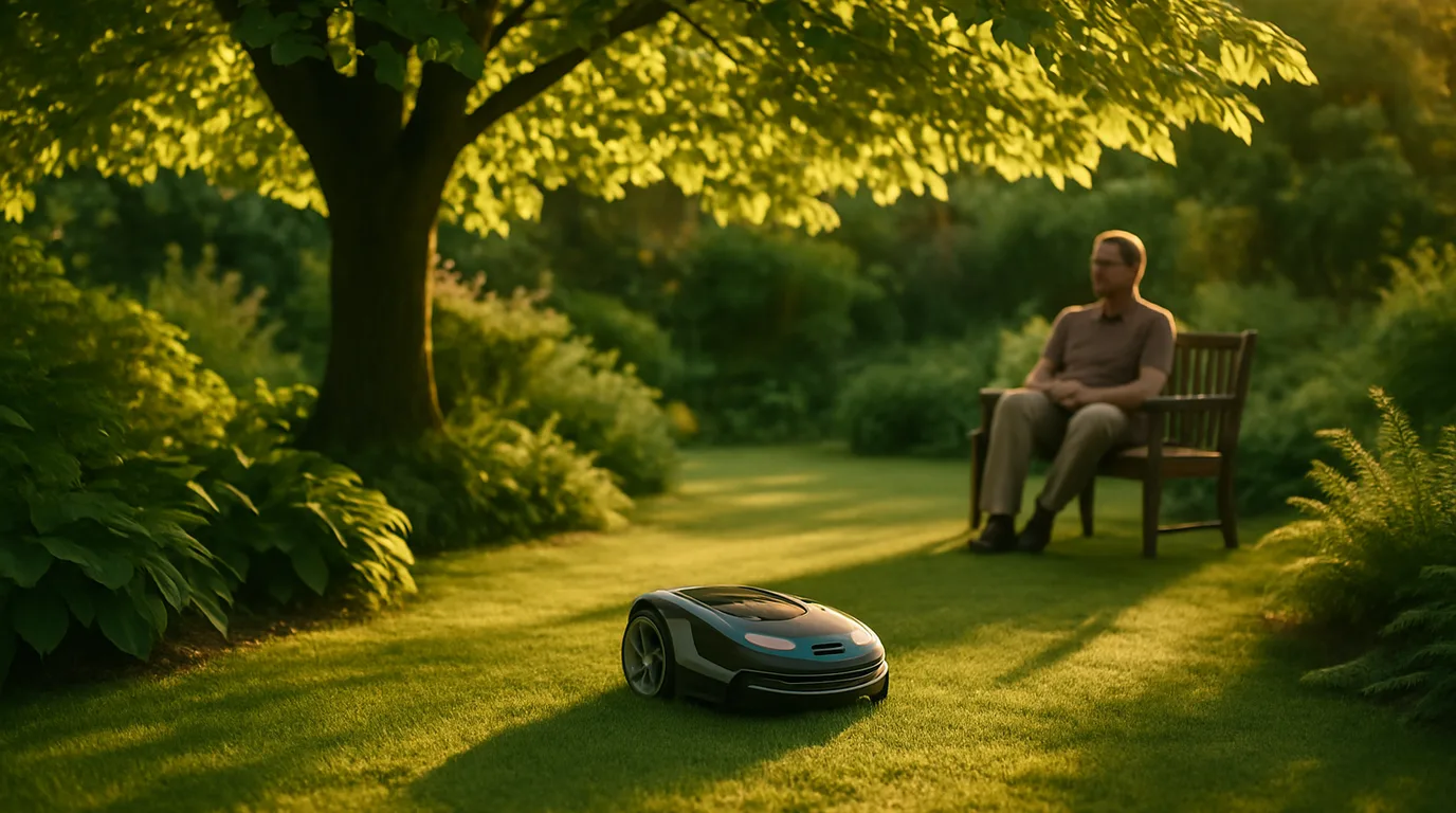Mähroboter mäht unter einem Laubbaum auf einem grünen Rasen im Schattengarten