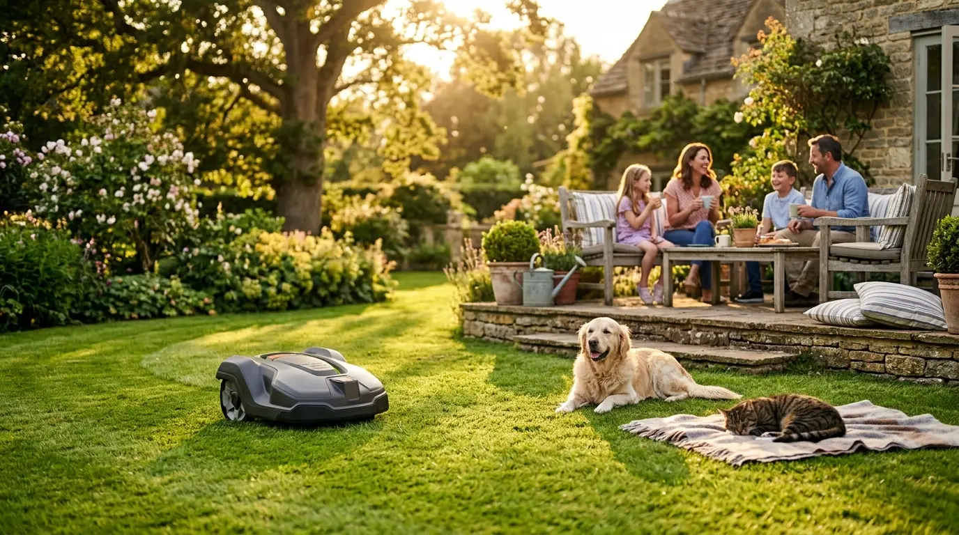 Mähroboter fährt sicher über grünen Rasen, im Hintergrund spielen Hund und Katze im Garten