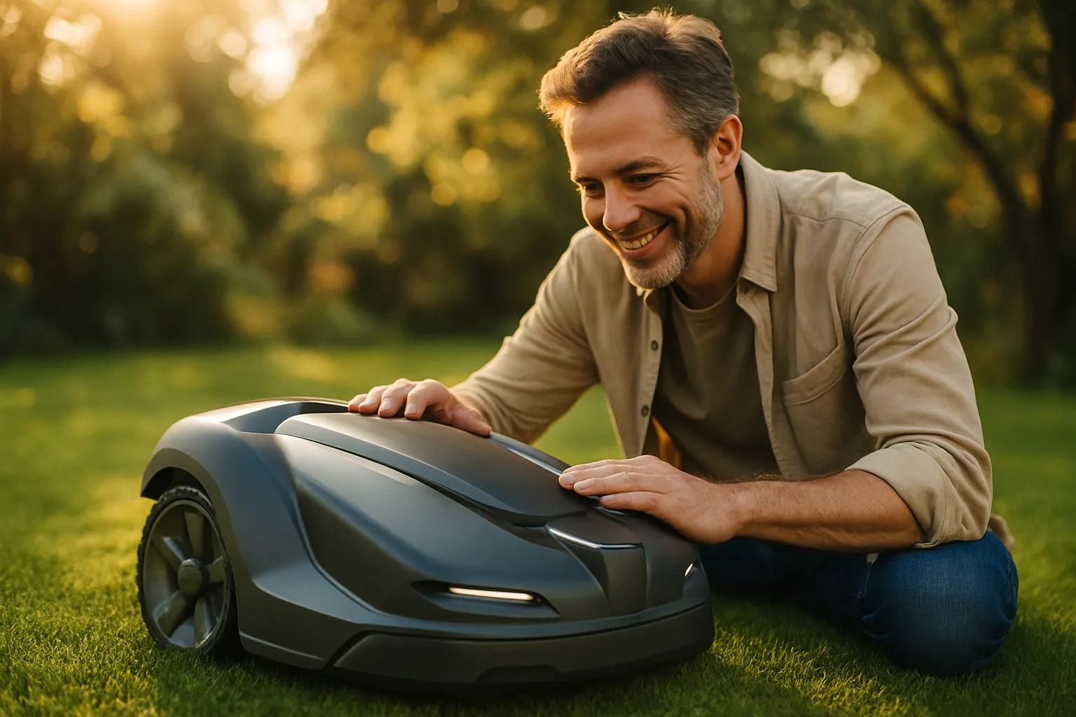 Gut gepflegter Mähroboter auf sattem grünen Rasen – smarter Gebrauchtkauf mit Ersparnis