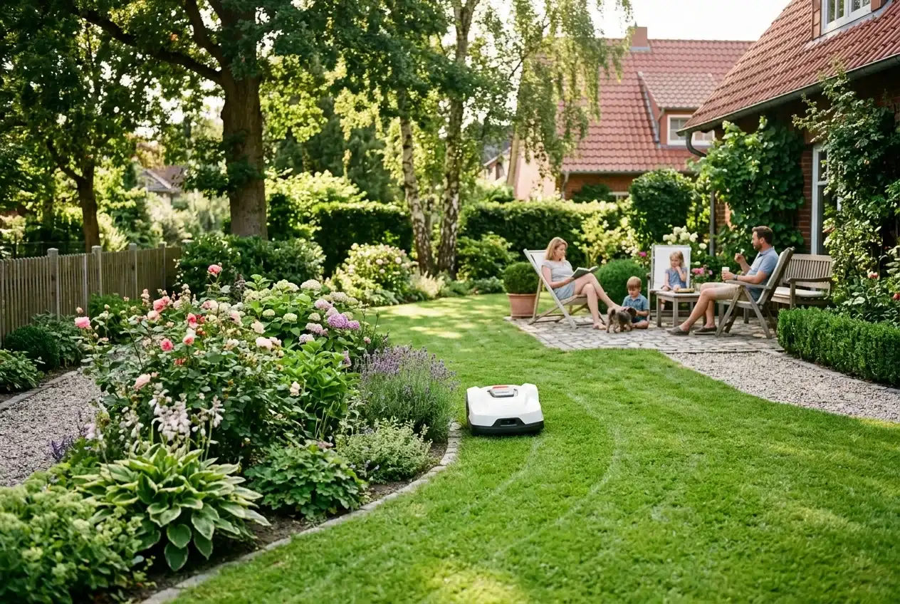 Leiser Mähroboter gleitet lautlos über kurzen Rasen in einem ruhigen Hausgarten im Morgenlicht