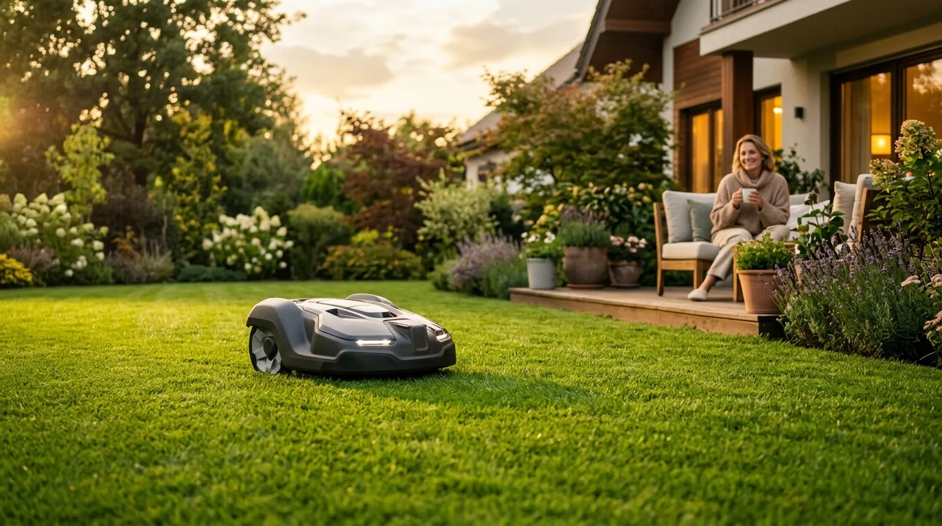 Moderner Mähroboter auf gepflegtem Rasen ohne sichtbare Kabel im Sonnenuntergang
