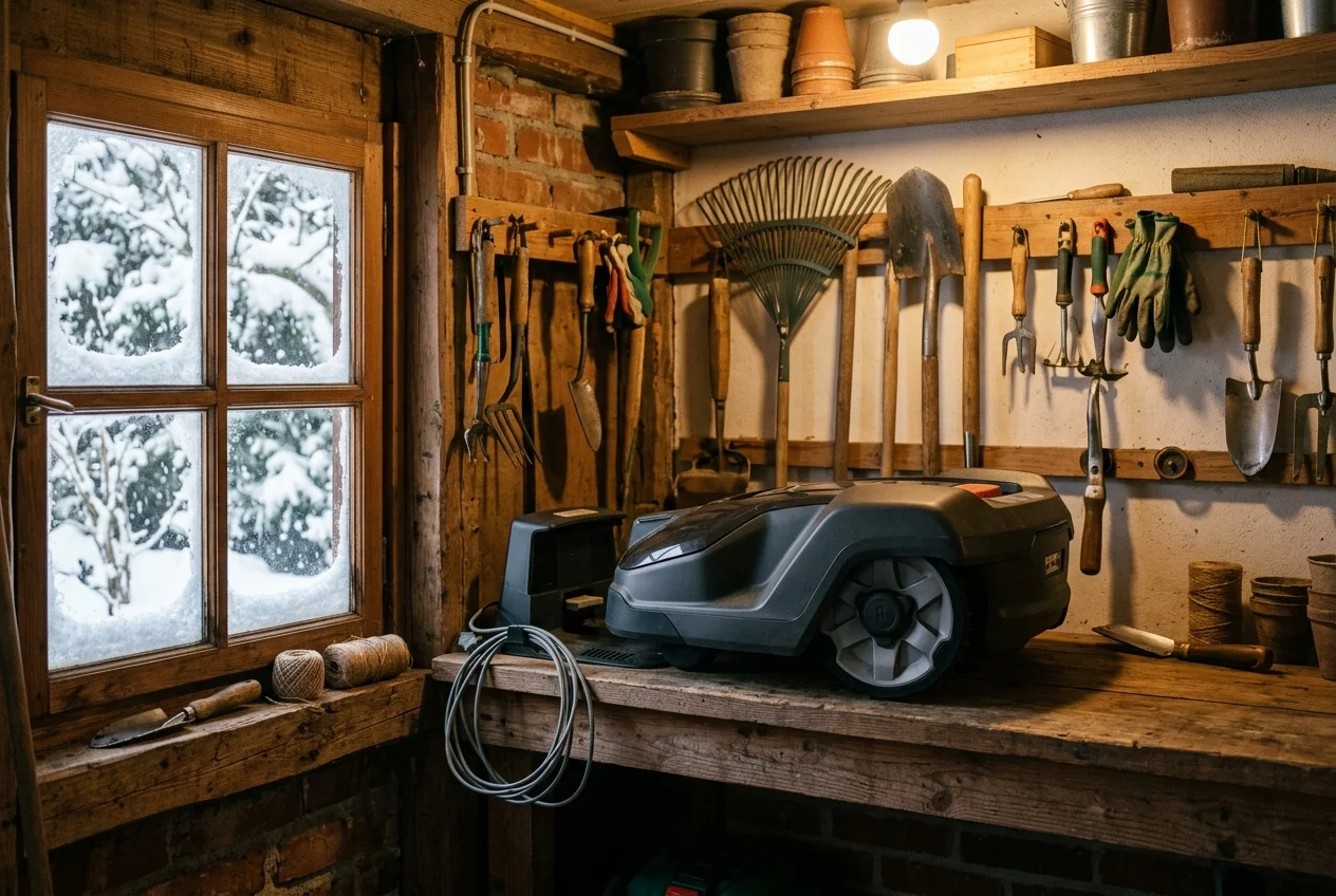 Mähroboter fachgerecht eingewintert in einer ordentlichen Garage auf einem Holzregal mit aufgerolltem Ladekabel