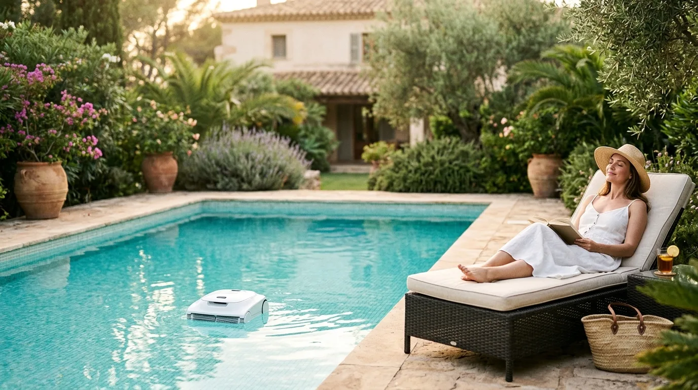 Poolroboter gleitet über den Boden eines klaren, türkisblauen Schwimmbeckens