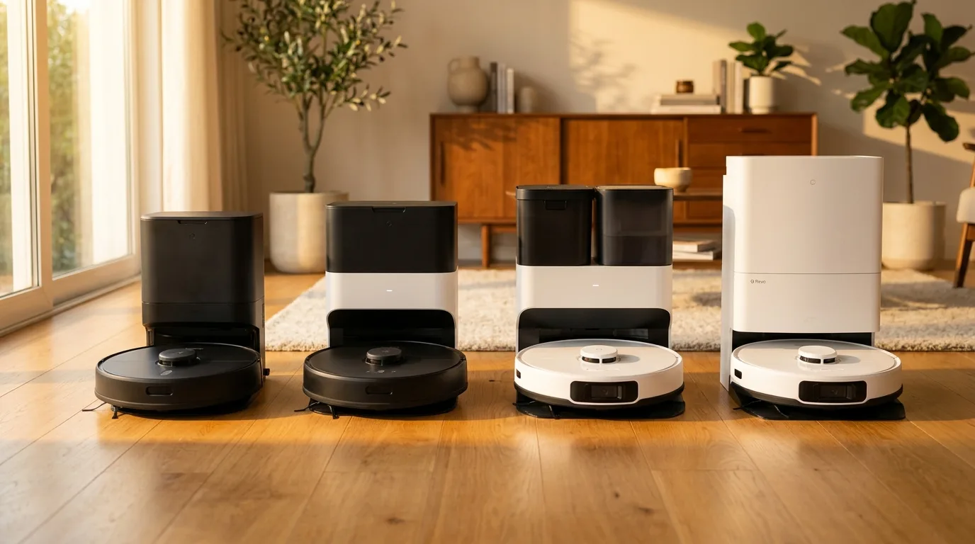 Roborock Q Revo MaxV Saugroboter mit Absaugstation in einem hellen Wohnzimmer