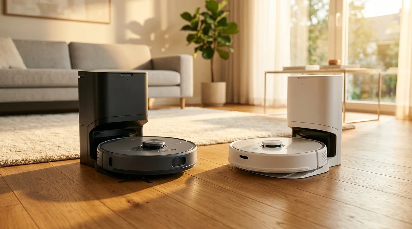 Roborock S8 Pro Ultra und iRobot Roomba Combo j9+ nebeneinander auf Parkettboden im Markenvergleich
