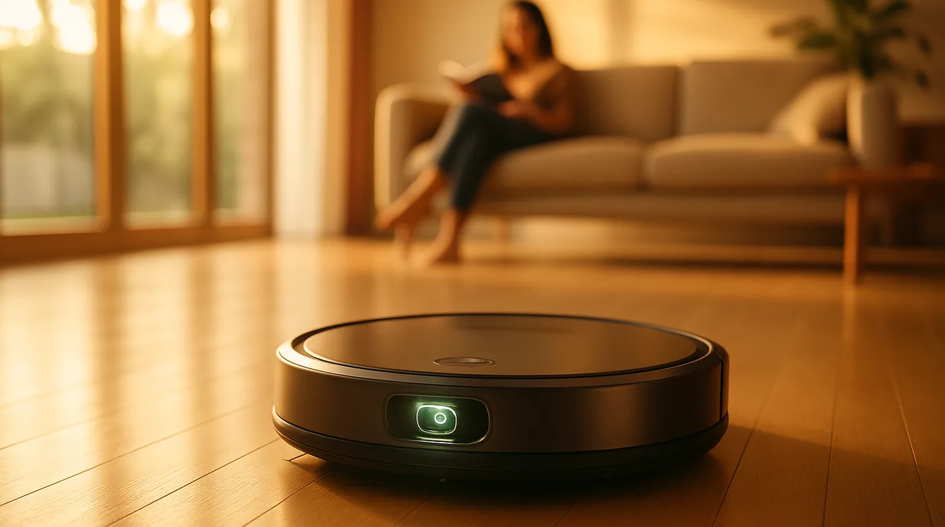 Samsung Jet Bot AI+ reinigt selbständig einen hellen Wohnzimmerboden