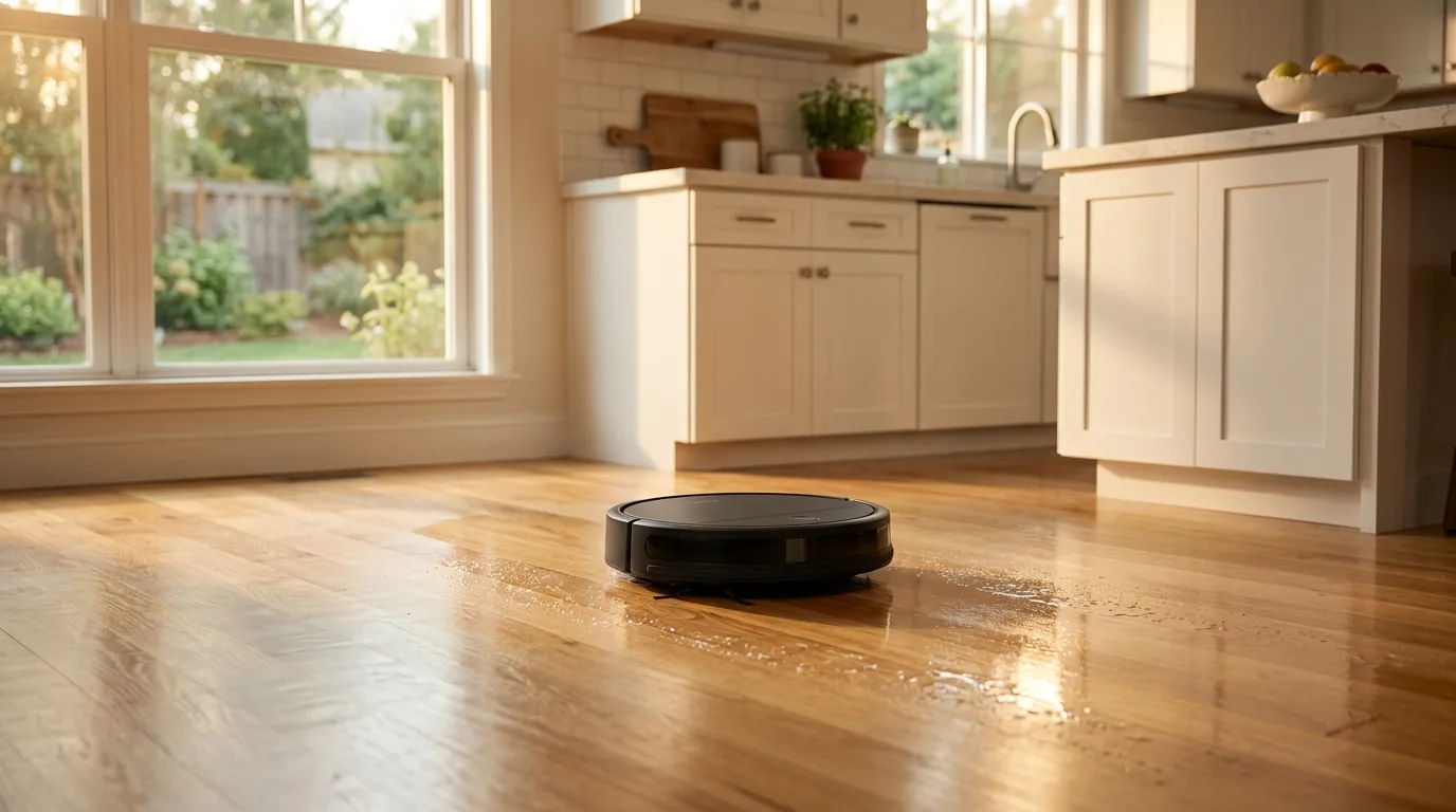 Saug-Wisch-Roboter mit rotierenden Mopps fährt über glänzenden Fliesenbo den in einer modernen Küche
