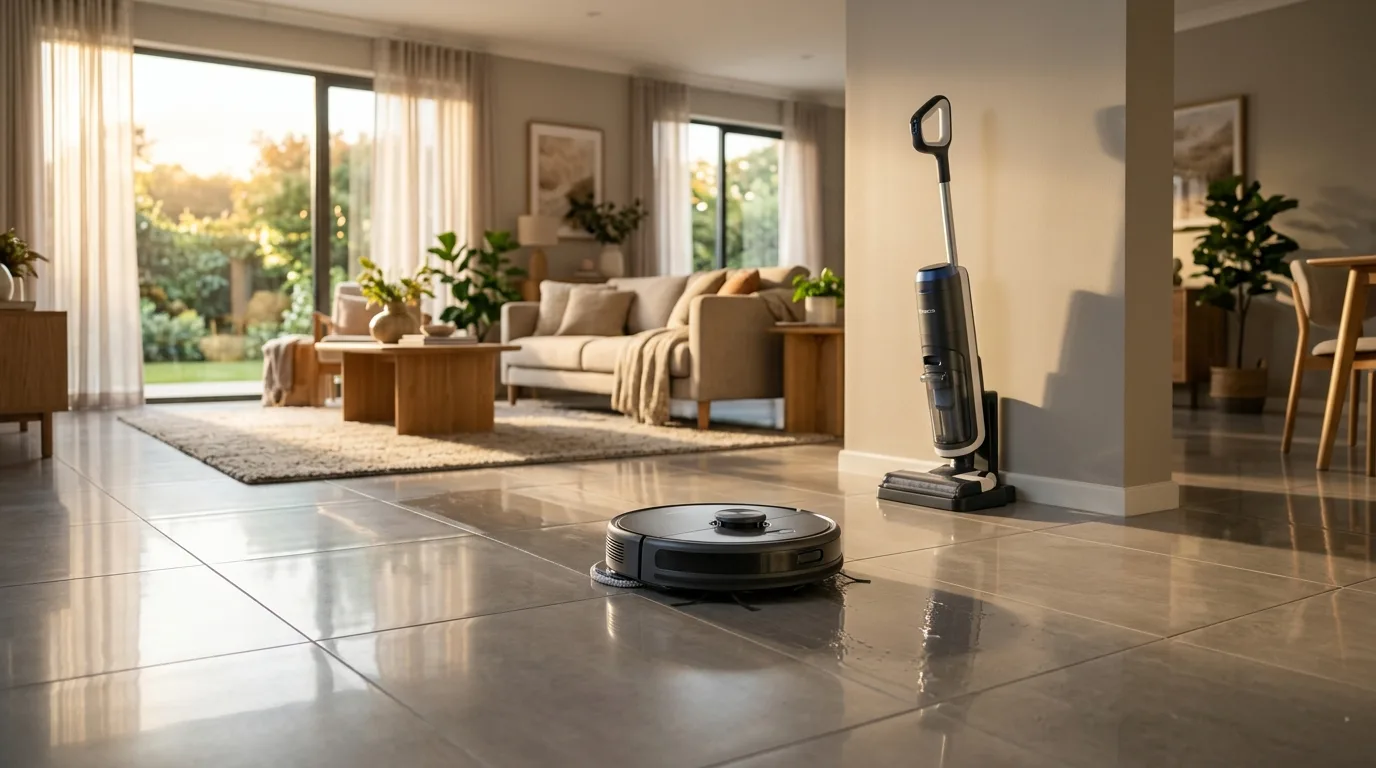 Saug-Wisch-Roboter auf Fliesen, im Hintergrund ein separater Nasssauger an der Wand