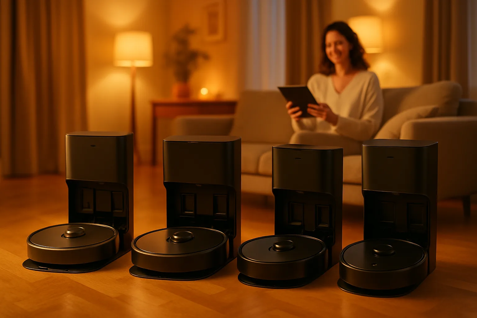 Drei Premium-Saugroboter mit Basisstationen auf Parkettboden in modernem Wohnzimmer — beste Deals des Jahres