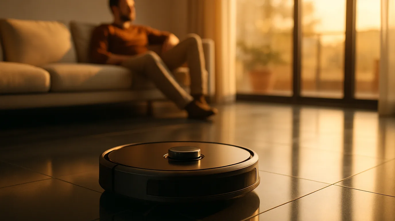 Saugroboter auf anthrazitfarbenen Fliesen in einem minimalistischen Apartment