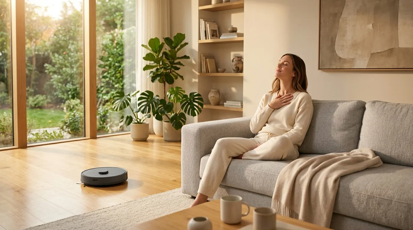Saugroboter mit HEPA-Filter in einem allergikerfreundlichen Wohnzimmer