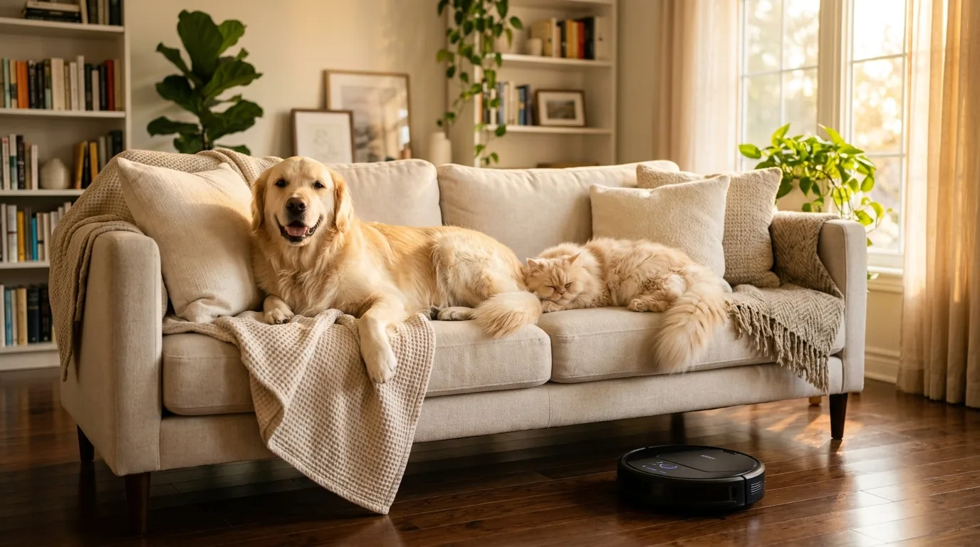 Saugroboter saugt lange Hundehaare auf Teppich und Hartboden in einem hellen Wohnzimmer