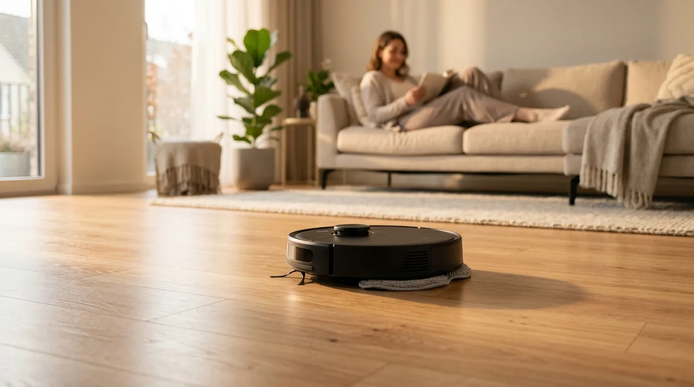 Saugroboter gleitet über glänzendes Laminat in einem hellen modernen Wohnzimmer