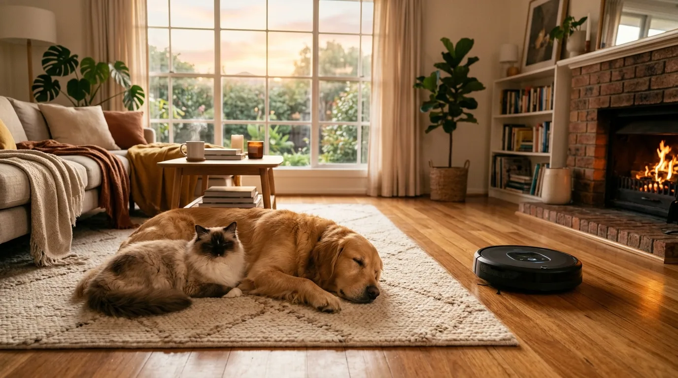 Saugroboter entfernt Tierhaare neben einer Katze und einem Hund