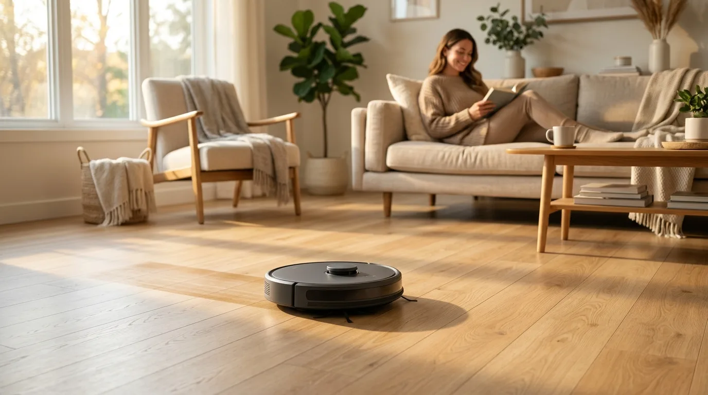 Saugroboter gleitet über hellen Vinyl-LVT-Boden in einem modernen Wohnzimmer
