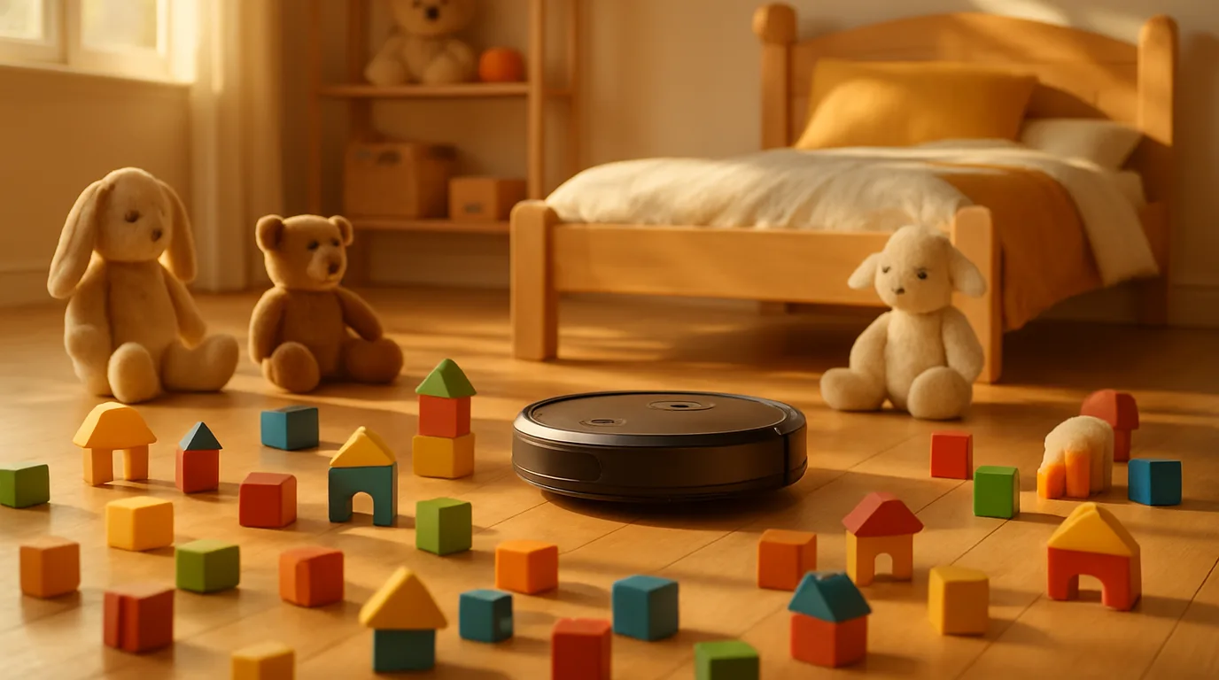 Helles Kinderzimmer mit buntem Spielzeug auf dem Boden, Saugroboter fährt vorsichtig zwischen Holzklötzen und Kuscheltieren