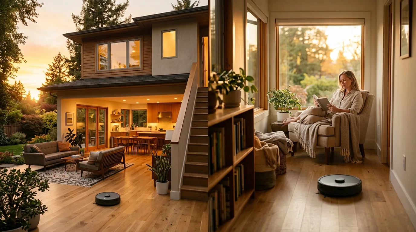 Saugroboter auf der oberen Etage eines Hauses mit Treppe