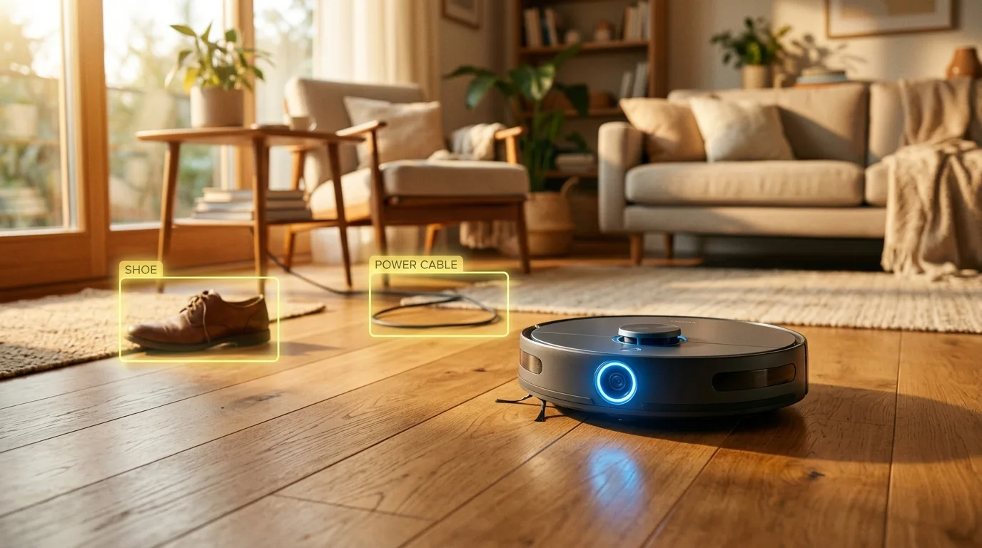 Saugroboter mit eingebauter Kamera fährt durch ein helles Wohnzimmer