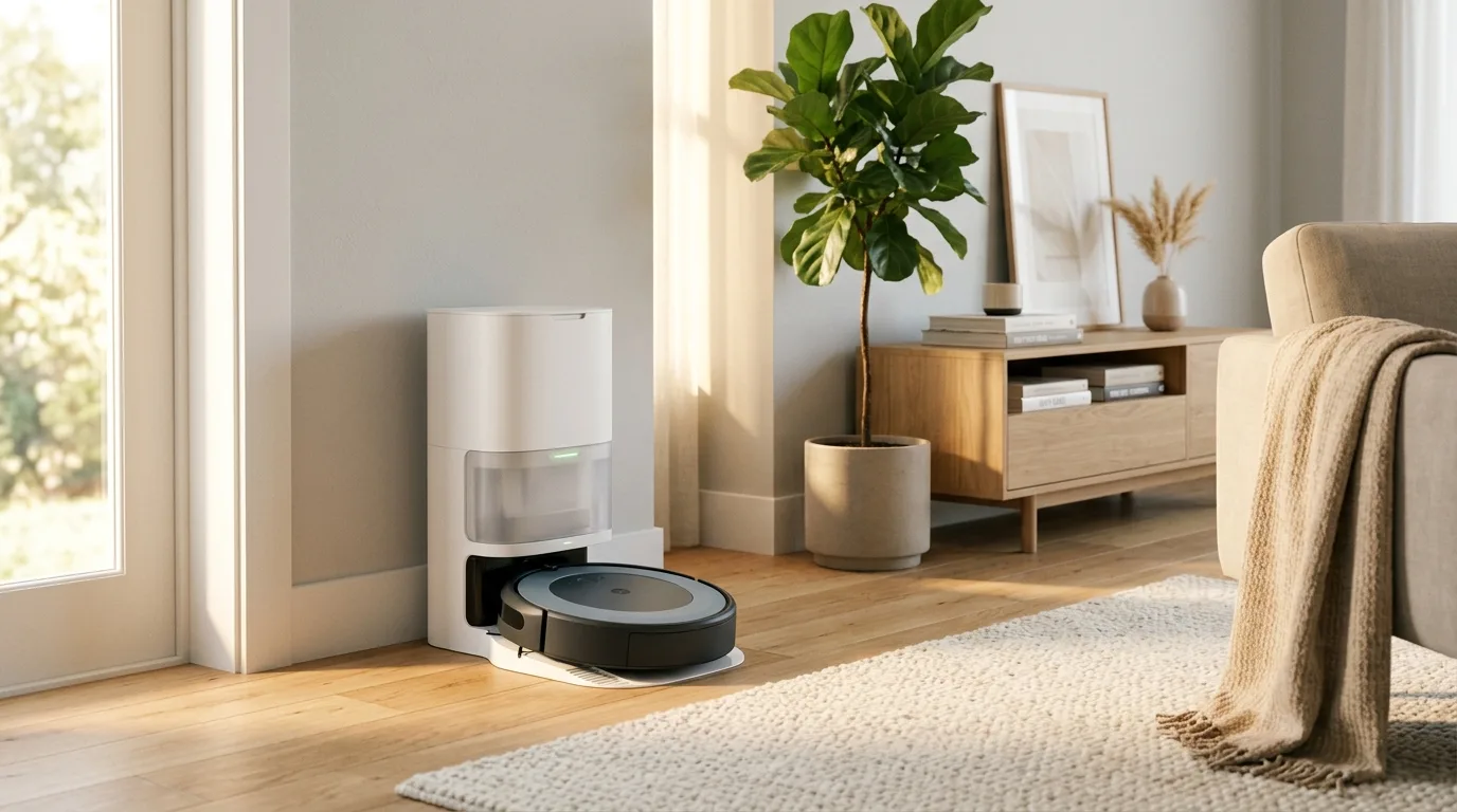 Saugroboter an seiner Absaugstation in einer modernen Wohnung