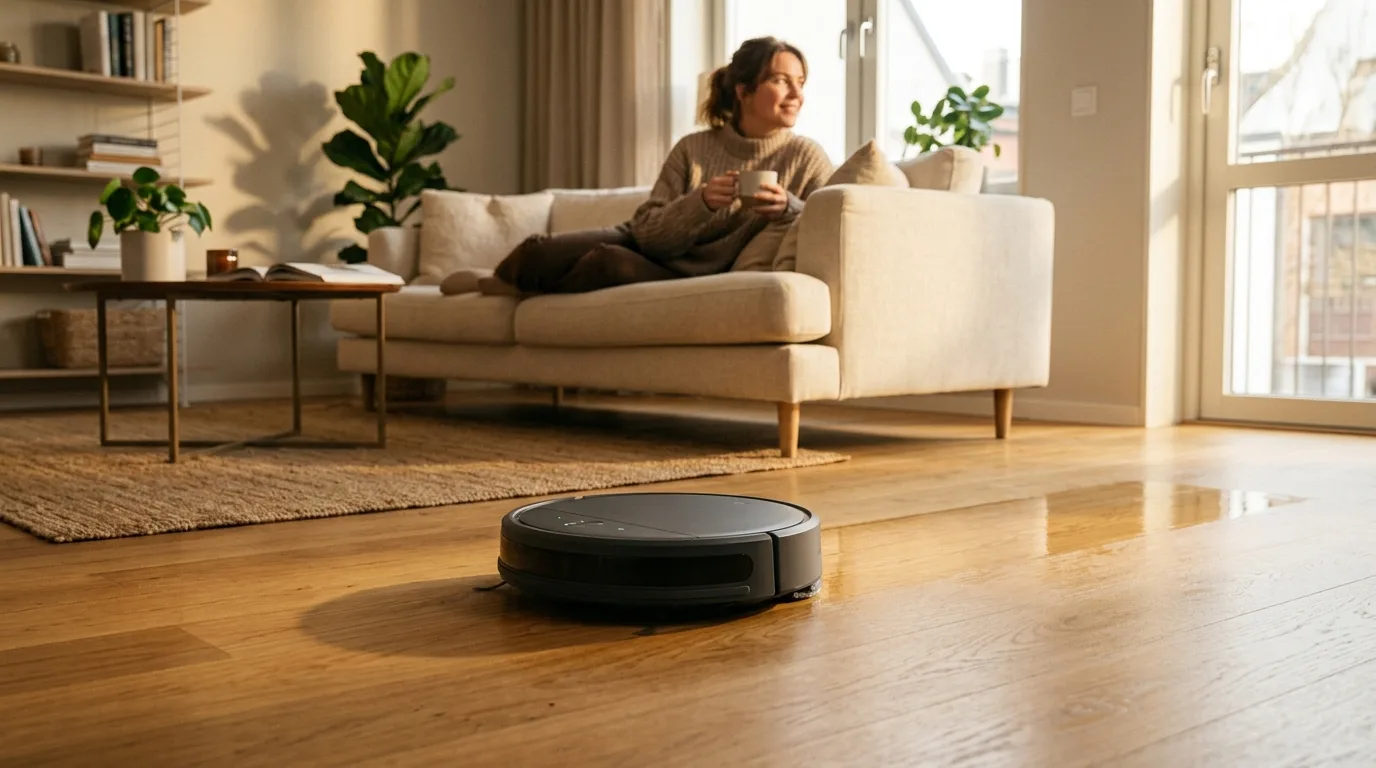 Weißer Wischroboter fährt über einen sauberen Fliesenboden in einer hellen Küche