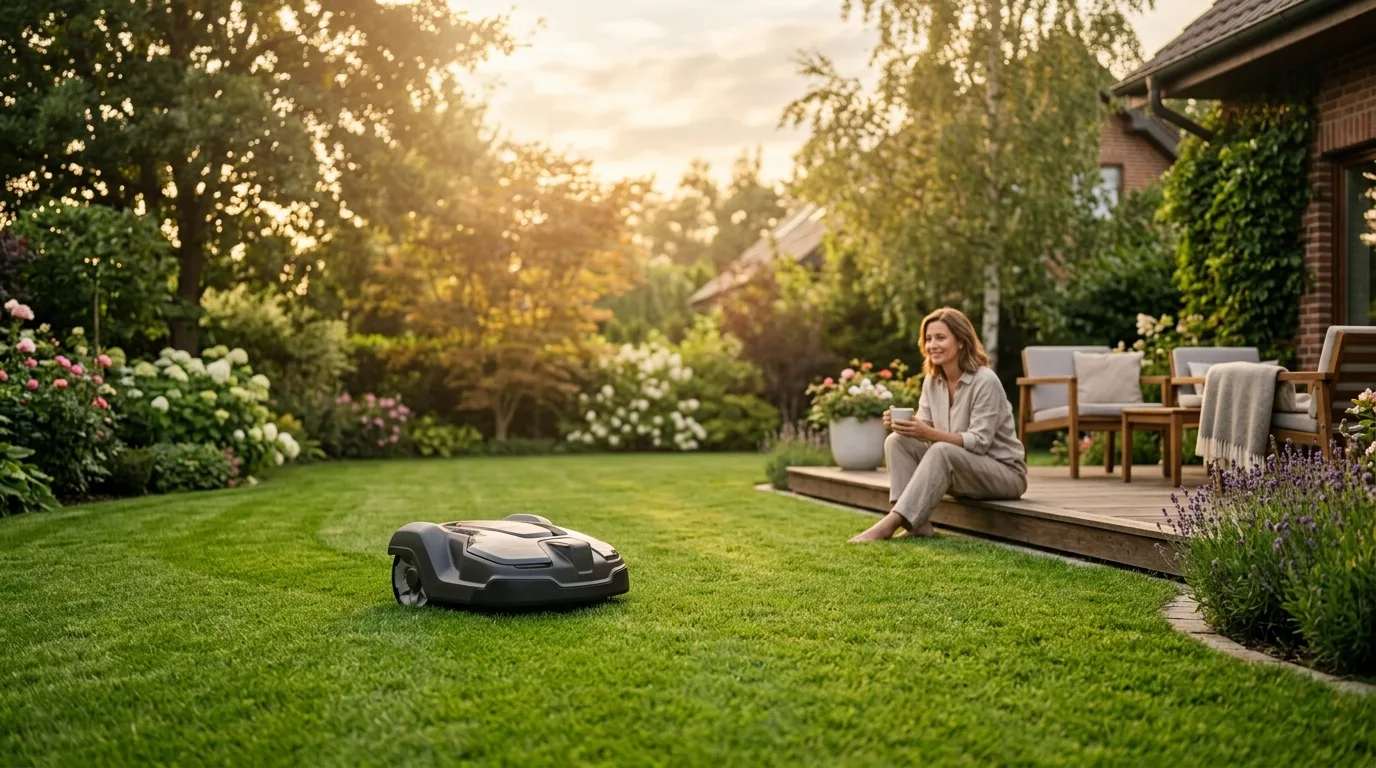 WORX Landroid Mähroboter mäht einen gepflegten Rasen bei Sonnenschein