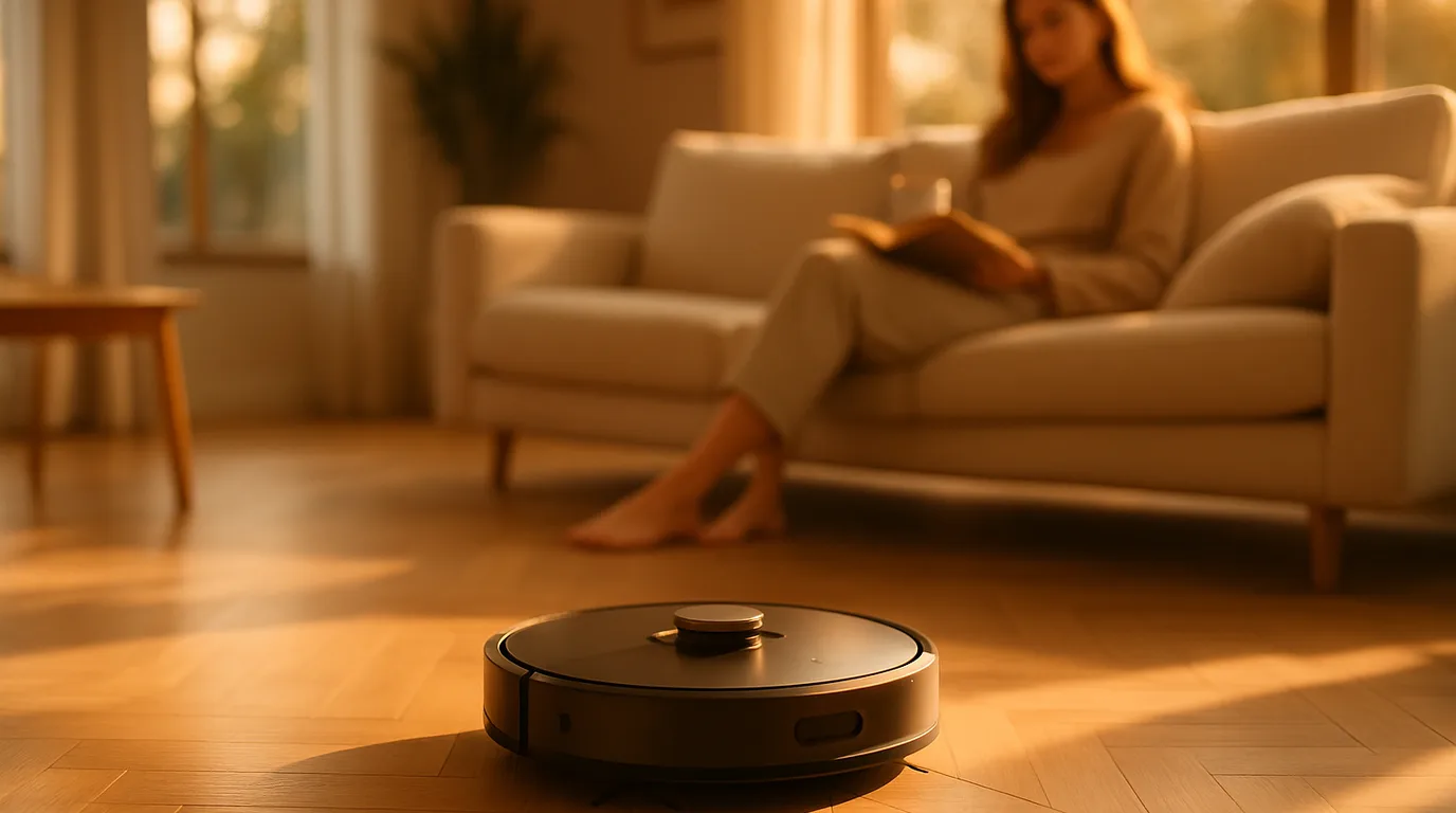 Xiaomi Saugroboter fährt präzise durch ein modernes helles Wohnzimmer und reinigt den Parkettboden